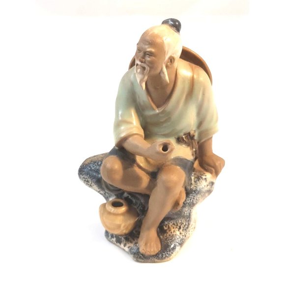 Vintage Chinese Shiwan Artistic Ceramic Mudman Fisherman Glazed Figurine 6" tall - Picture 5 of 11